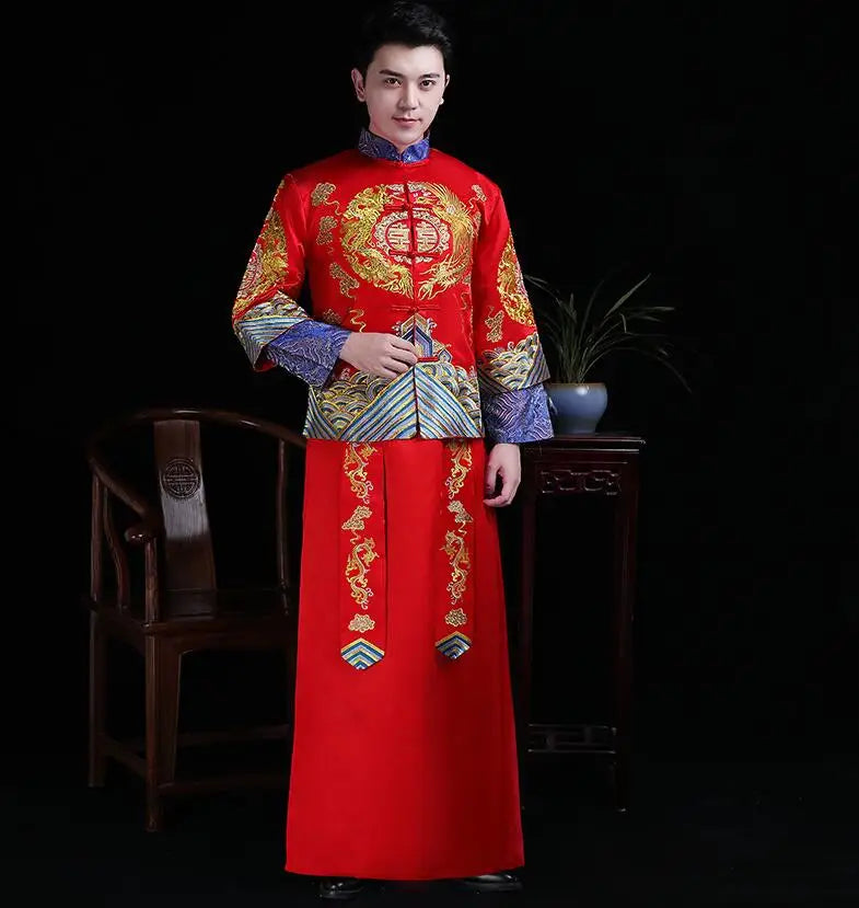 Chinese Traditional Wedding Suit Men Women Long Cheongsam Dress Stylish Elegant Bride Dragon Phoenix Vintage китайская одежда