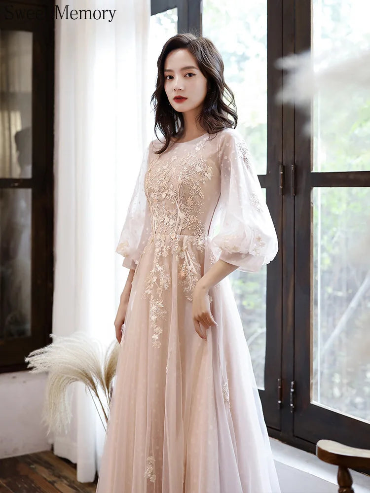 J135 Sweet Memory Long Evening Dresses Women O-Neck Appliques Three Quarter Tulle Formal Gown Graduation Prom Party Dress