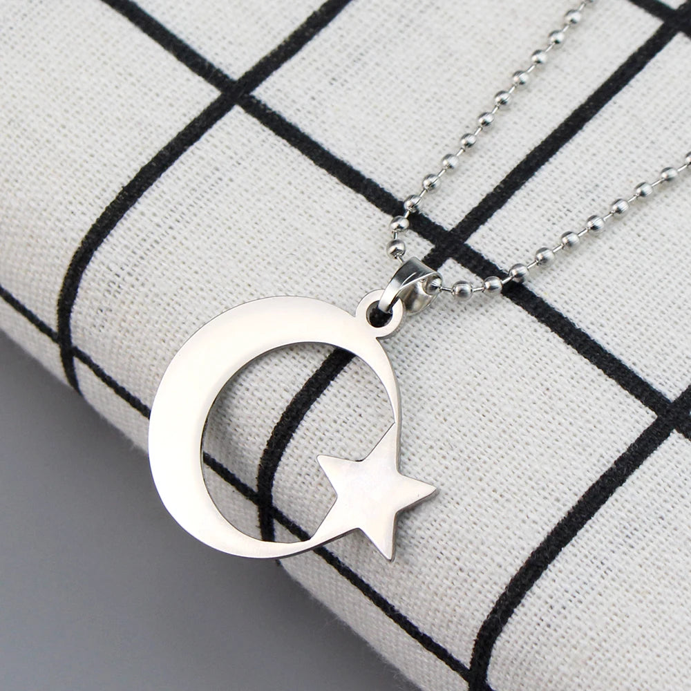 cherub Stainless Steel Crescent Moon and Star Silver Necklace