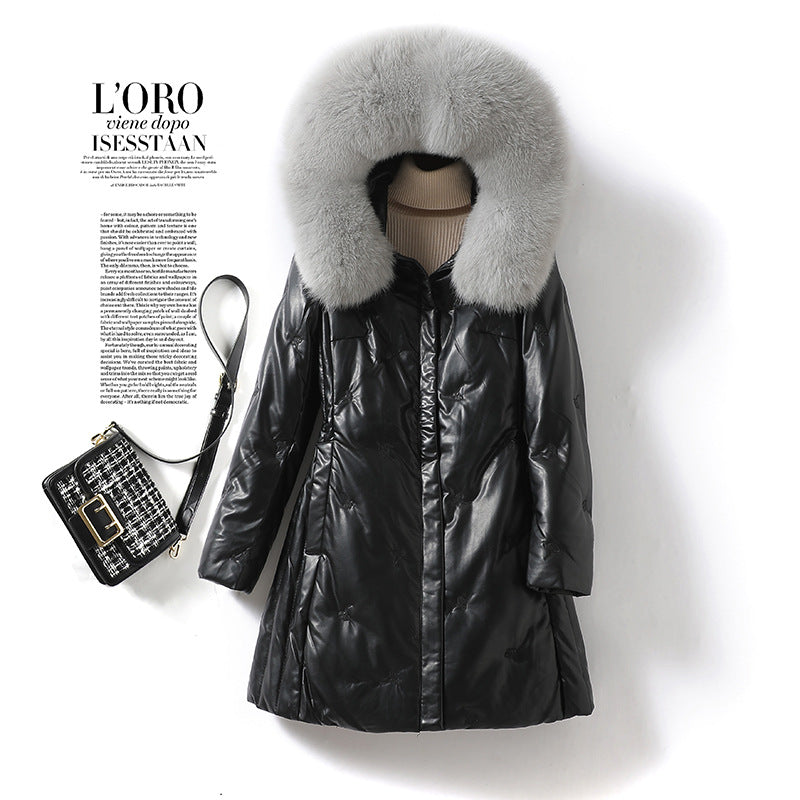 Cross-Border Women's down Jacket with Fur Large Collar Hooded Autumn and Winter Waist-Cinching White Duck down Coat Wholesale