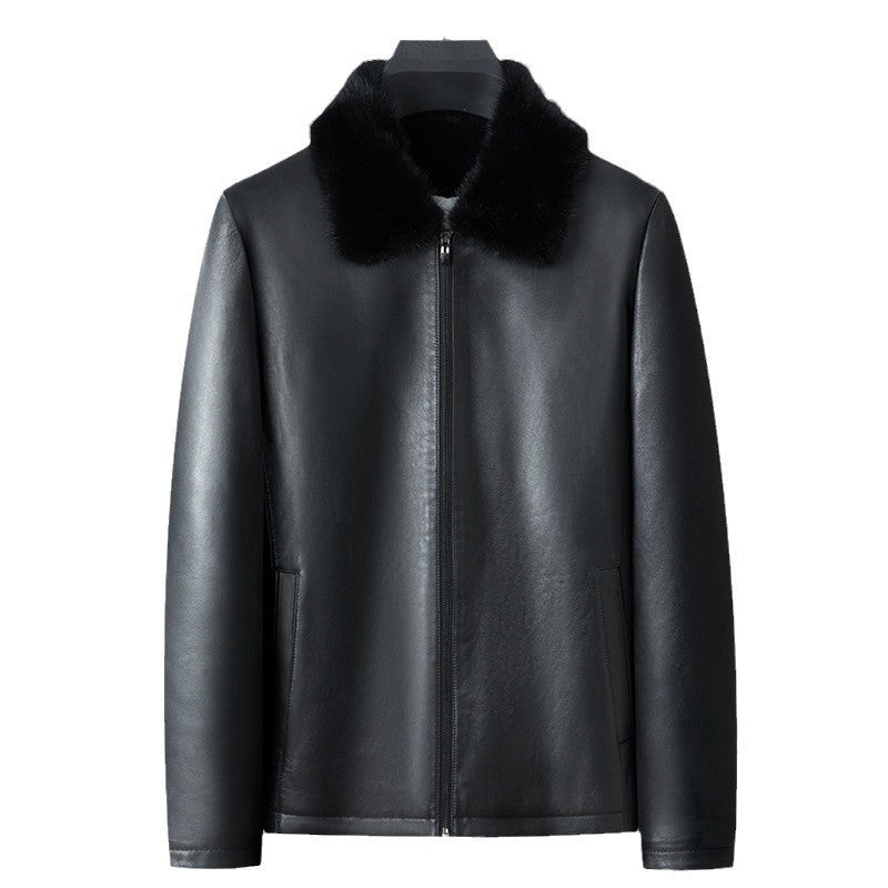 Imported Sheepskin Jacket for Middle-Aged Men with Mink Fur Lining, Wool Integrated Lapel, Short Leather Jacket, Mink Fur Coat