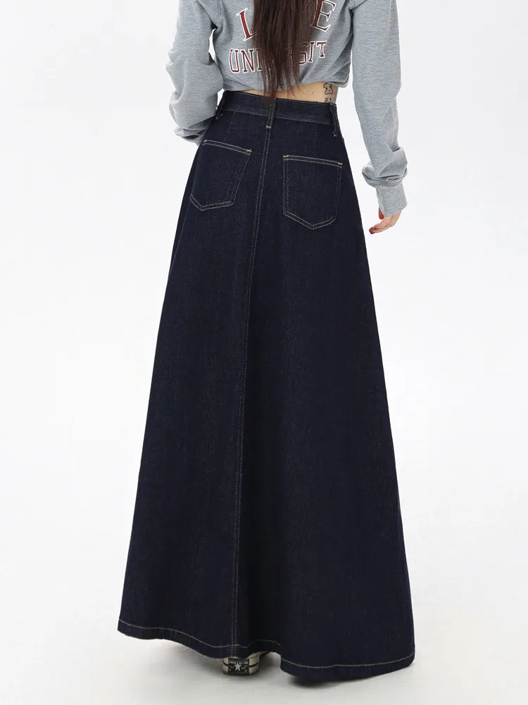 Women's Vintage A-Line Denim Long Skirts, Casual High Waist Jean Skirt, Blue, All-Match, Korean Fashion, 2021