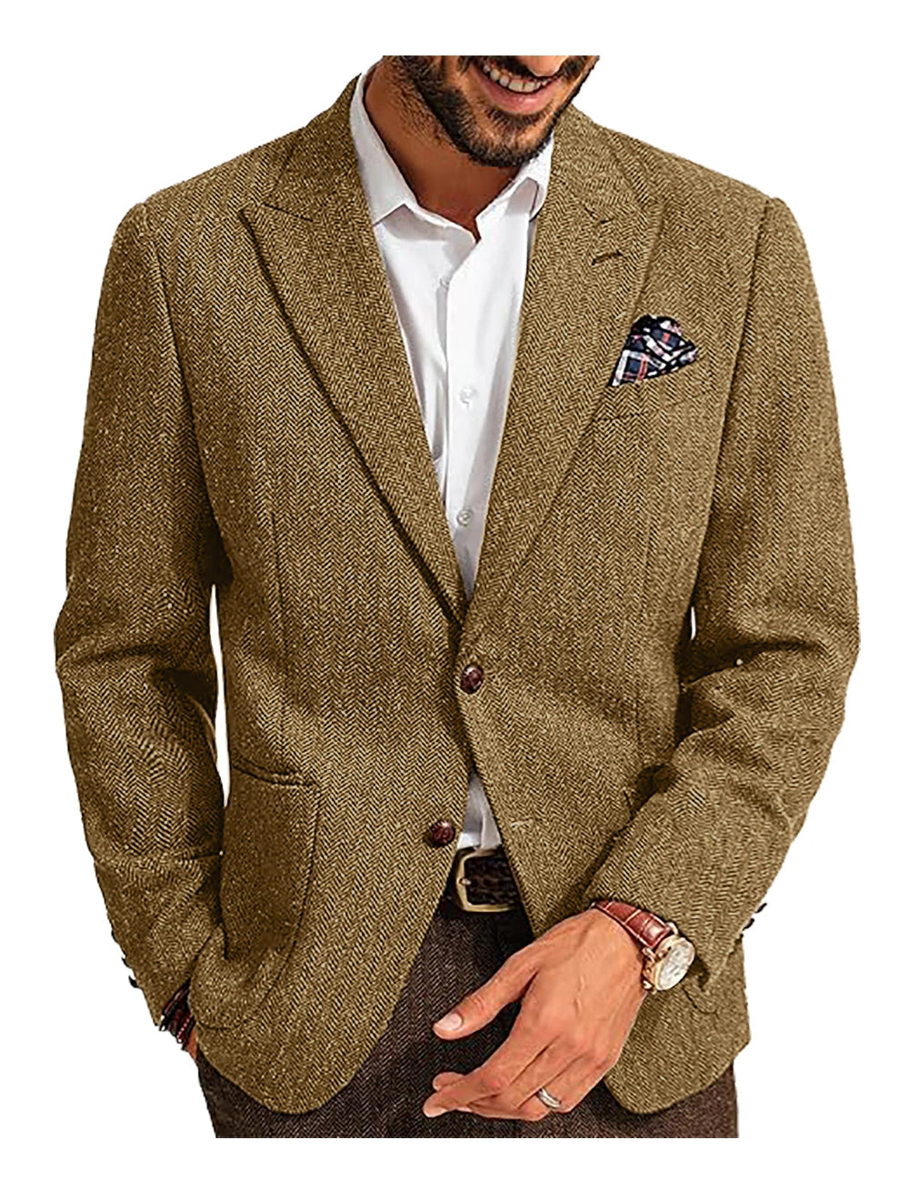 Cherub Men's Suit Brown Herringbone Blazer Prom Tuxedos Wool Tweed Single Breasted Two Buttons Business/Wedding ?Jacket