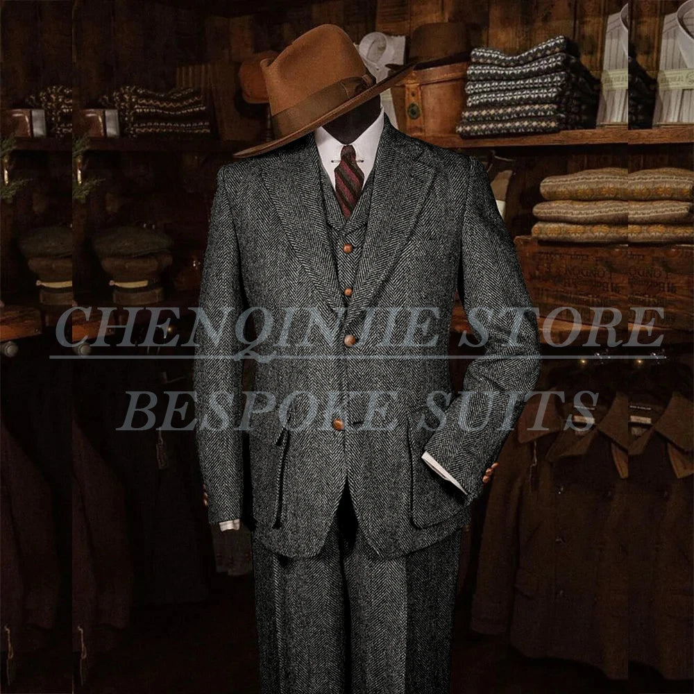 Elegant Tweed Men's Suits for Winter Single Breasted Notch Lapel Slim Fit Male Clothing High Quality 3 Piece Jacket Pants Vest