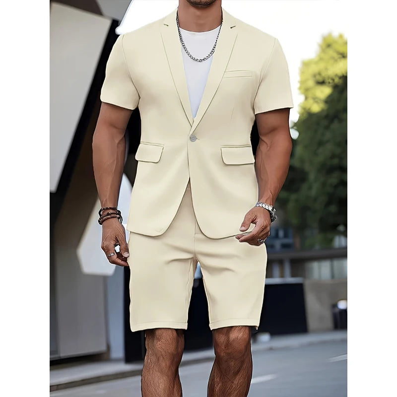 Cherub men Suit Summer Casual Suit 2 Piece Short Sleeve Suit Blazer 5 Inch Dress Shorts for Outdoor Beach Weddings Casual Occasions