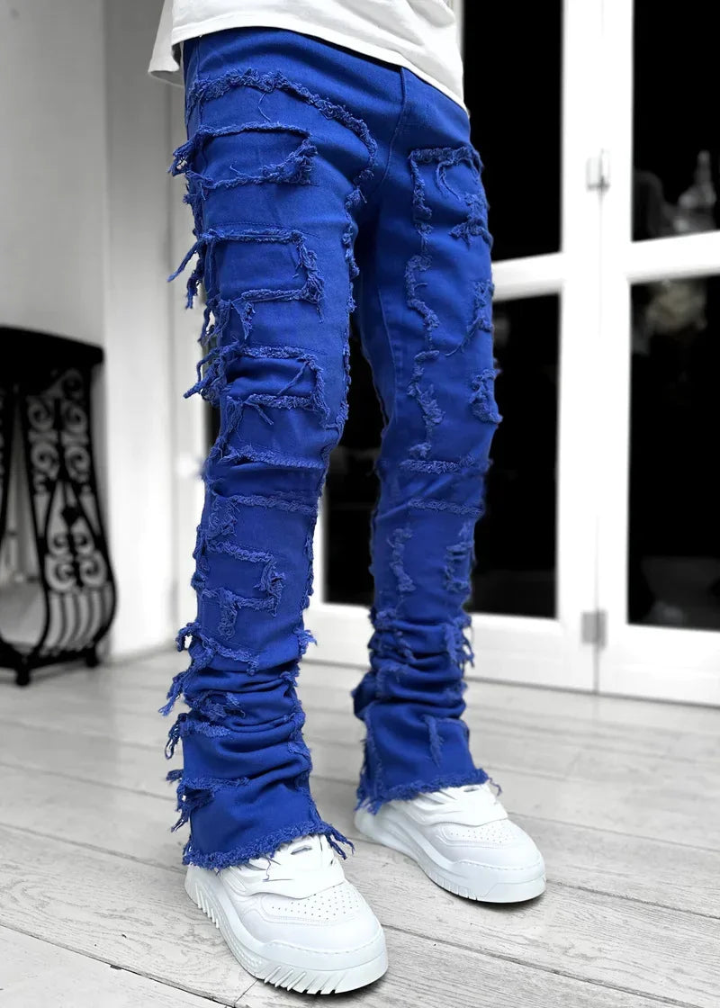 Urban Stacked Men's Regular Fit Jeans Ripped Slim Fit Patch Distressed Destroyed Straight Denim Pants Hip Hop Trouser Cloth