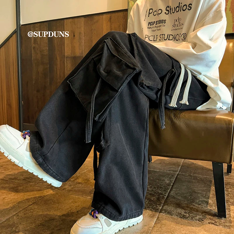 Men's Jeans Hip-hop Fashion Wide-leg Denim Pants Retro Baggy Trousers High Urban Multi-pocket Jeans Male Streetwear