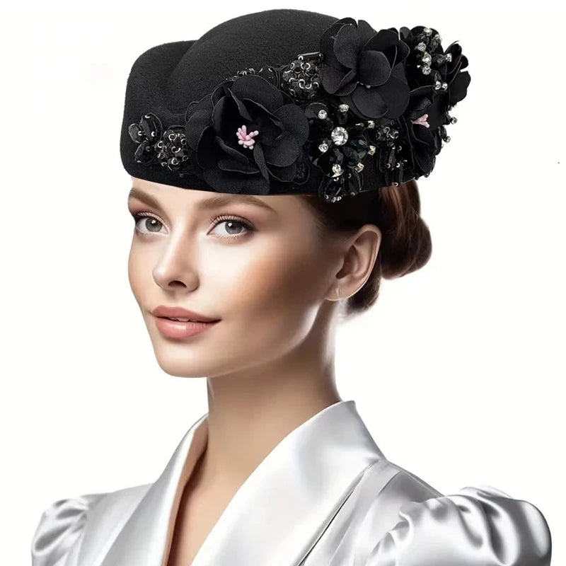 Cherub Vintage Women's Church Sundays Best Fascinator Hat W/Flower and Rhinestone Headdress Soft Beret Cap /Party Wedding Prom