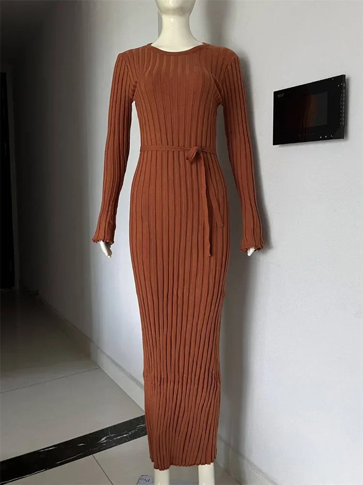 Cherub Pleated Lace-Up Female Knit Maxi Dress/ Autumn
