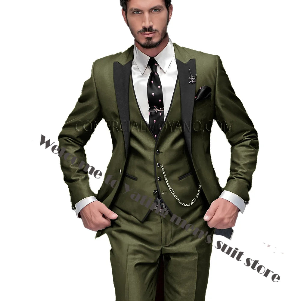 2024 New Men's Suit Wedding Tuxedo Groom Jacket Pants Vest Three-piece Set Elegant Men Blazer Wine Red Formal Outfit