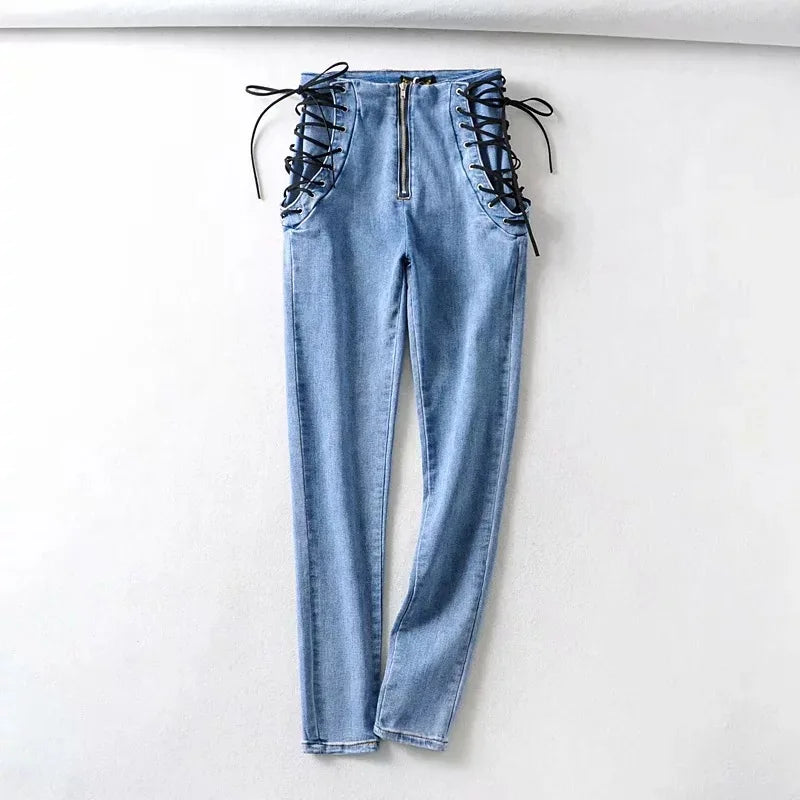 High elasticity Sexy Double Tied Rope jeans female feet 2020 autumn high waist slim pencil denim pants womens trousers jeans