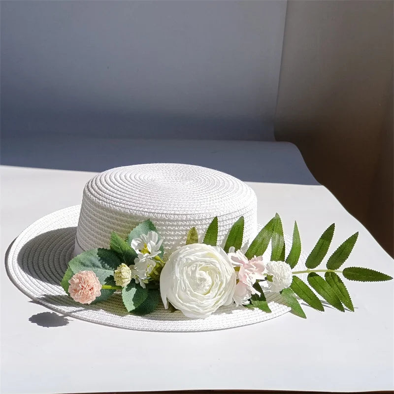 Cherub Sunday Best Easter Sunday satisfaction/Bridal Hat White Simulation Flower Wool Hat Removable Flat Top Female Spring/Winter Strap Included