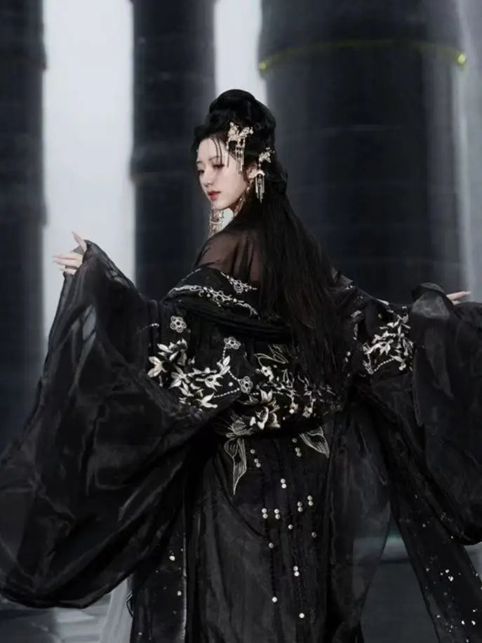 Tang Dynasty Black Mesh Hanfu Traditional Heavy Industry Embroidery Stage Show Costume Palace Style Princess Cosplay Suits