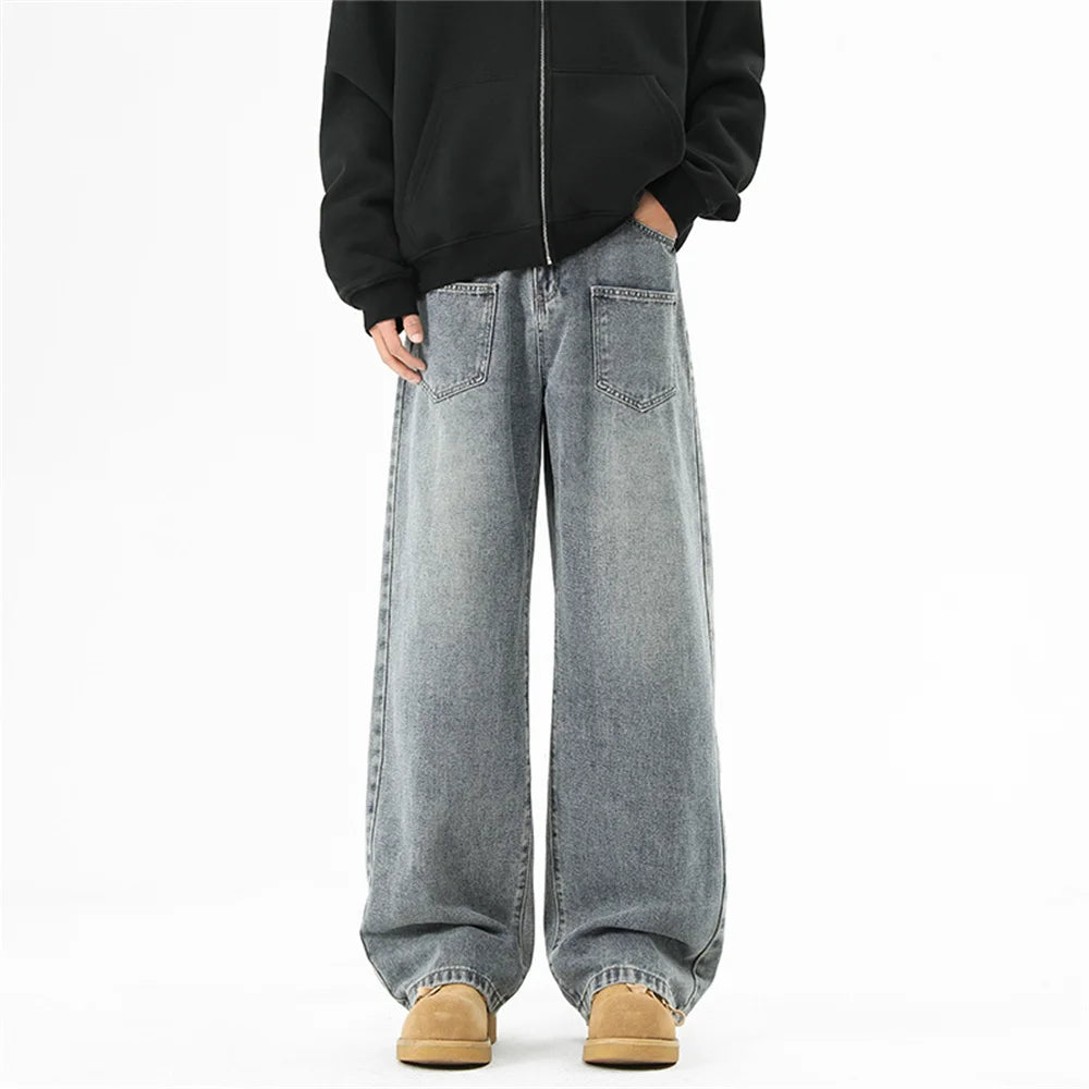 Wide-leg Retro Washed Denim Pants for Men Streetwear Jeans Man Fashionable Loose Straight-leg Jean Pants for All Four Seasons