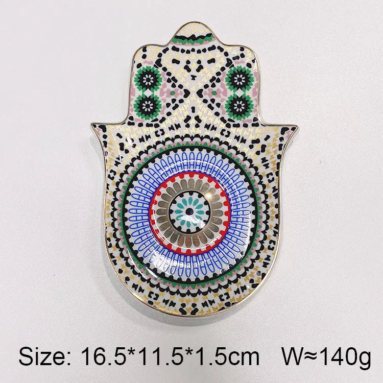 Ceramic Blue Evil Eye Hamsa Hand Jewelry Storage Tray Fatima Palm Lucky Decoration Desk Ornament Gothic Home Decorations Trinket