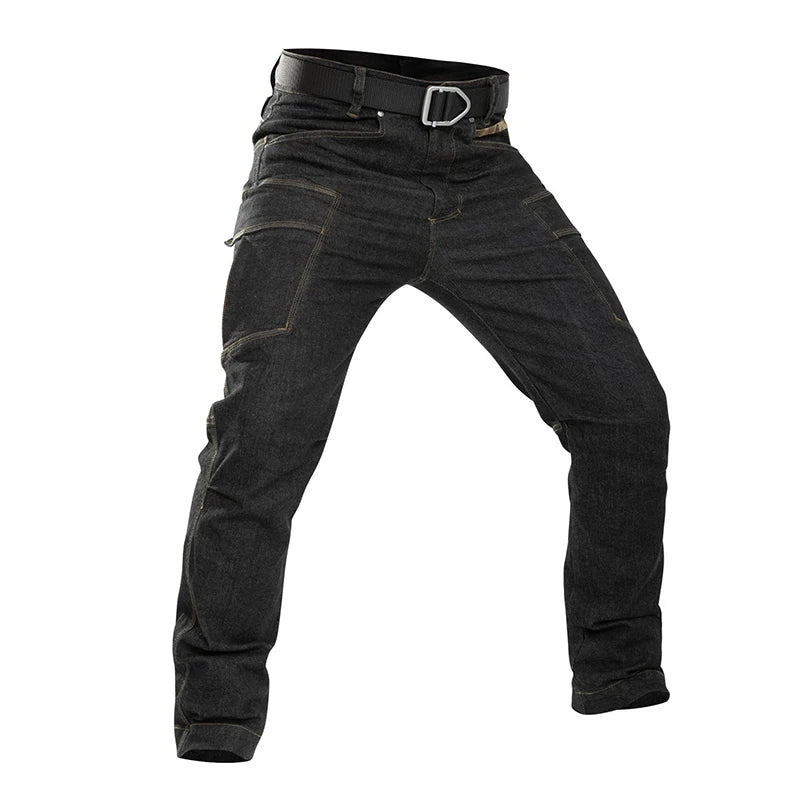 Men's Spring Combat Cargo Jeans Tactical Solid Long Trousers Casual Motorcycle Denim Biker Jeans Stretch Multi Pockets Pants