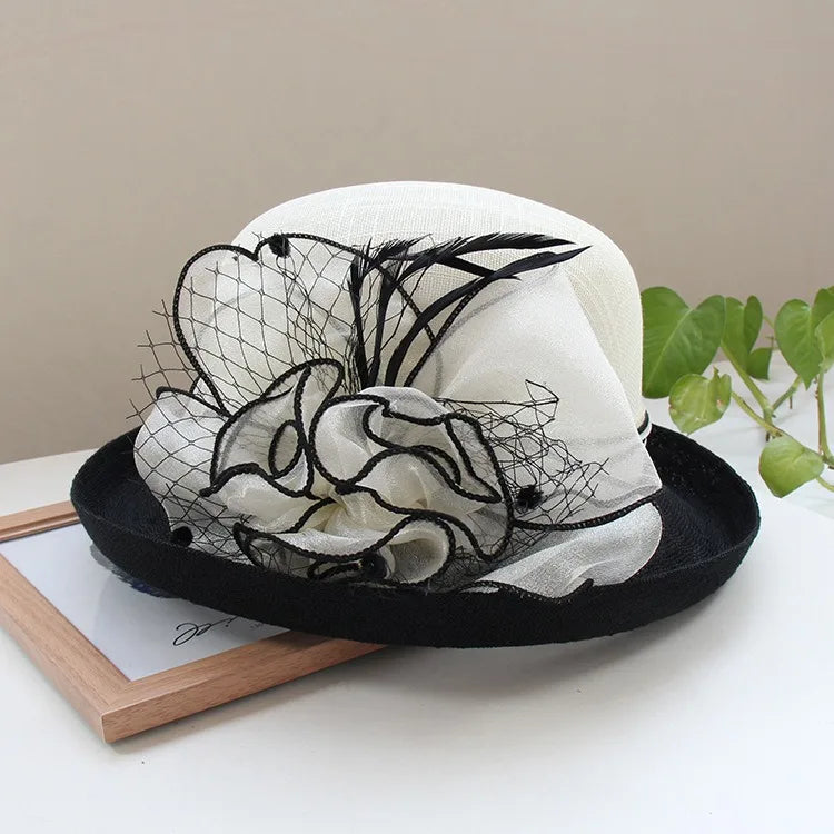 Cherub Lady Deby Fedora Hat Summer Church Elegant Sinamay Flower Linen Sun Hat Curl Brim