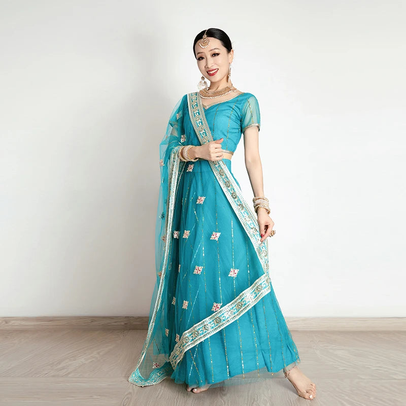 Exotic Indian Dance Costume Ethnic Style Women's Bollywood Belly Dance Dress Sari Top Large Swing Skirt Set
