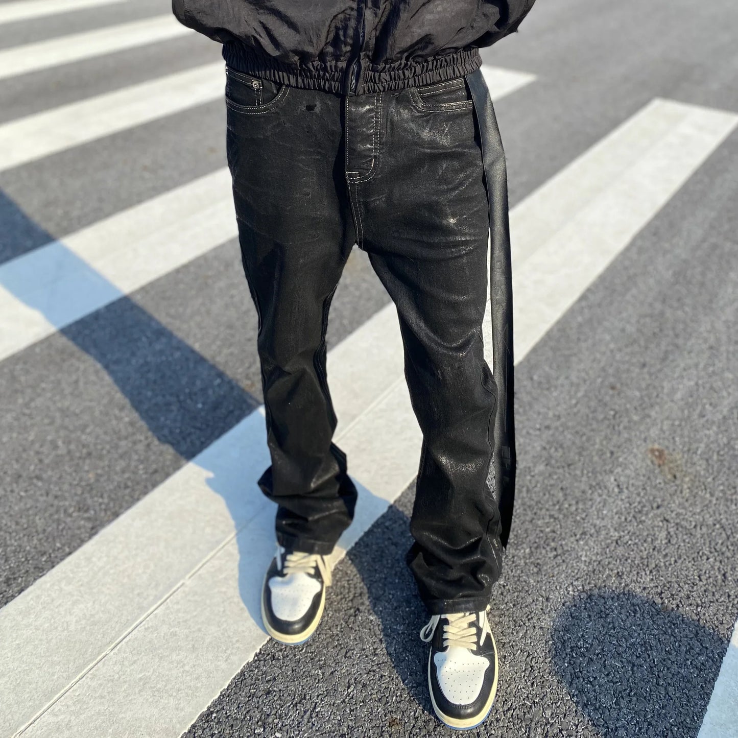 Men‘ Owen's Seak Oil wax Jeans Classic Denim Urban Rock Coated Casual Flared Trousers High Street Solid Designer luxury Pants