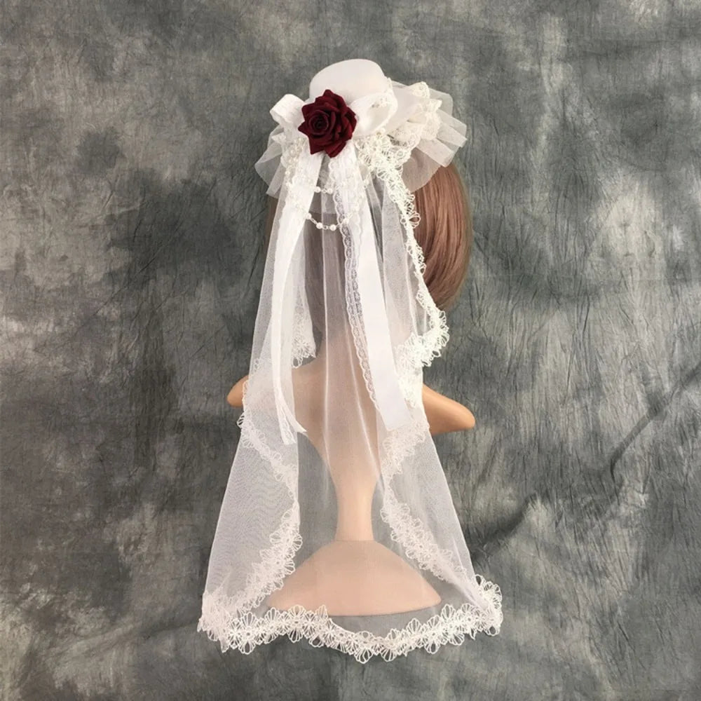 Cherub Flowers Bow Decor Funeral Home Going /Wedding Veil Rose Top Hat Black or White Cosplay Costume Lolita Headdress
