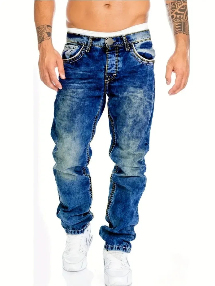 European American Jeans Men's Autumn New Slim Elastic Trousers Fashionable Vintage Wash Denim Pants Male Urbanwear