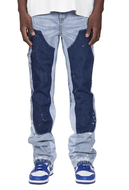 ALLUKASA 2025 Men's Fashion Jeans Work Pants European and American Fashion Workwear Elastic Patchwork Denim Layered Flared Pants