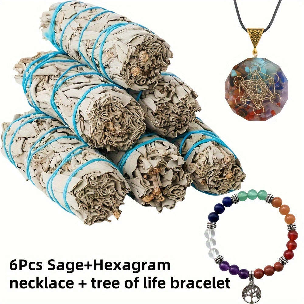 3/6 Set Natural White Sage Sticks, Tree Of Life Bracelet & Hexagram Necklace - Purifying