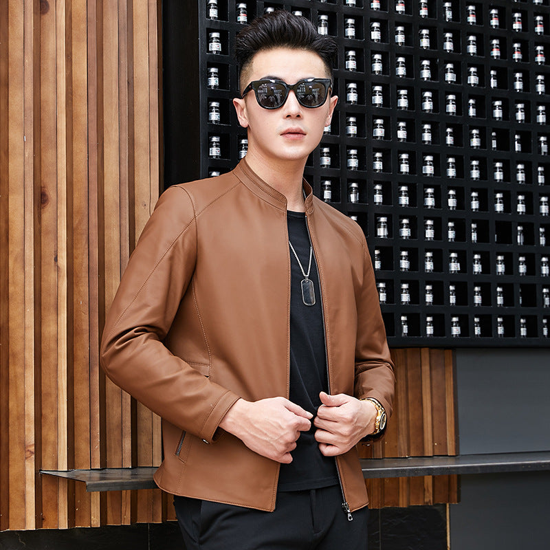 Haining Leather Jacket Spring and Autumn New Thin Genuine Leather Jacket for Men. Mat-gloss Style Collar Casual Leather Jacket