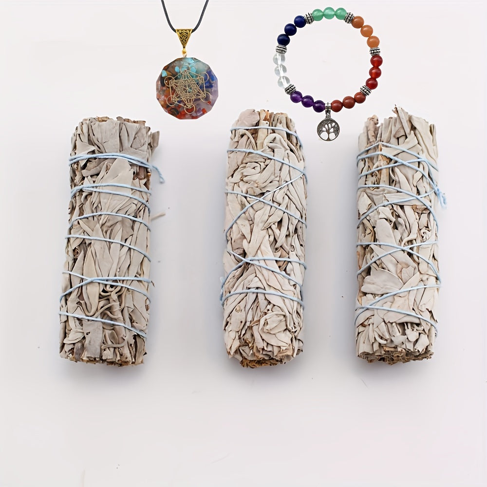 3/6 Set Natural White Sage Sticks, Tree Of Life Bracelet & Hexagram Necklace - Purifying
