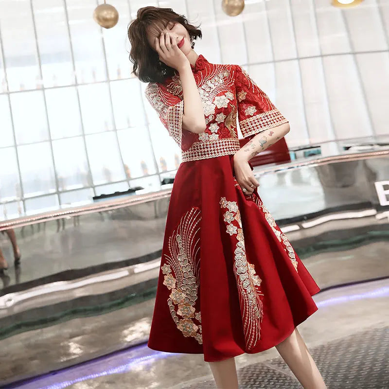 Chinese Traditional Wedding Banquet Slim Vintage Red Bridesmaid Dress Formal Elegant Birthday Party Вечернее плать De Soiree