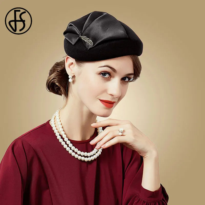 Cherub Elegant Wool Felt Fascinators Hat For Women  Formal Church Tea Party Hats Berets Caps With Leaf