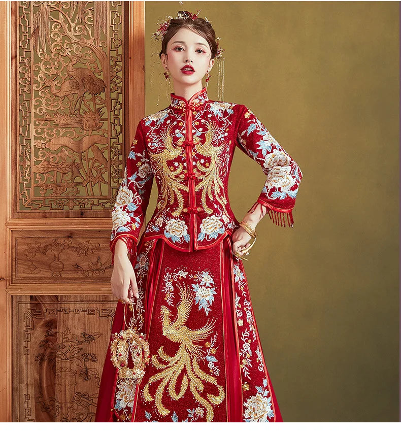 Chinese Traditional Wedding Suit Men Women Long Cheongsam Dress Stylish Elegant Bride Dragon Phoenix Vintage  китайская одежда