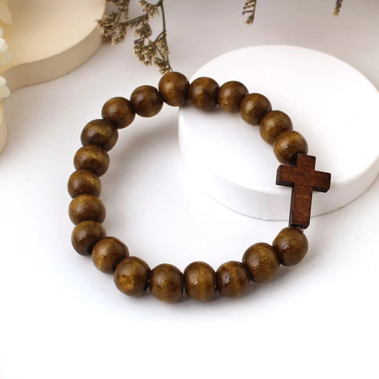 For Unisex Solid Color Wooden Bead Cross Pendant Bracelet Black Vintage Handmade Religious Style