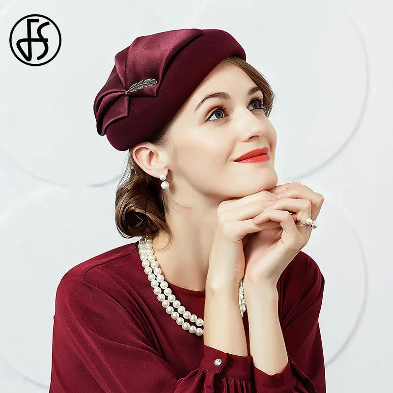 Cherub Elegant Wool Felt Fascinators Hat For Women  Formal Church Tea Party Hats Berets Caps With Leaf