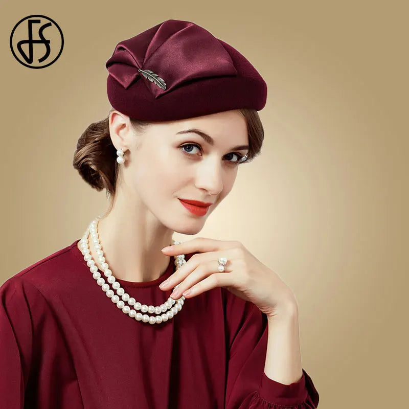 Cherub Elegant Wool Felt Fascinators Hat For Women  Formal Church Tea Party Hats Berets Caps With Leaf