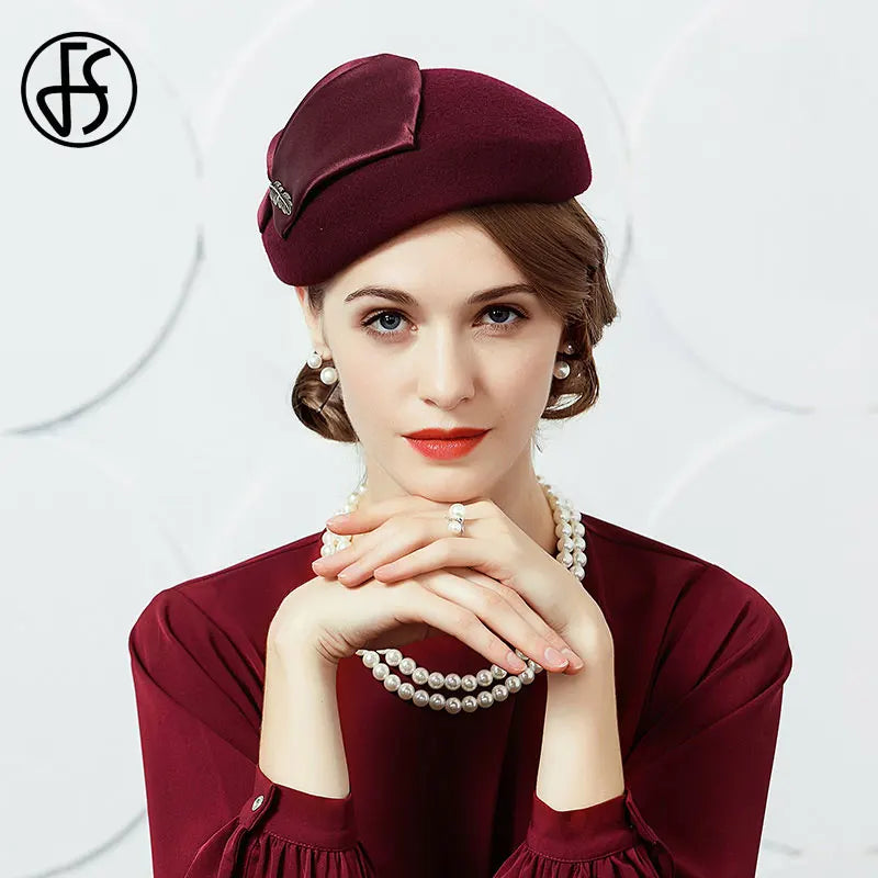 Cherub Elegant Wool Felt Fascinators Hat For Women  Formal Church Tea Party Hats Berets Caps With Leaf