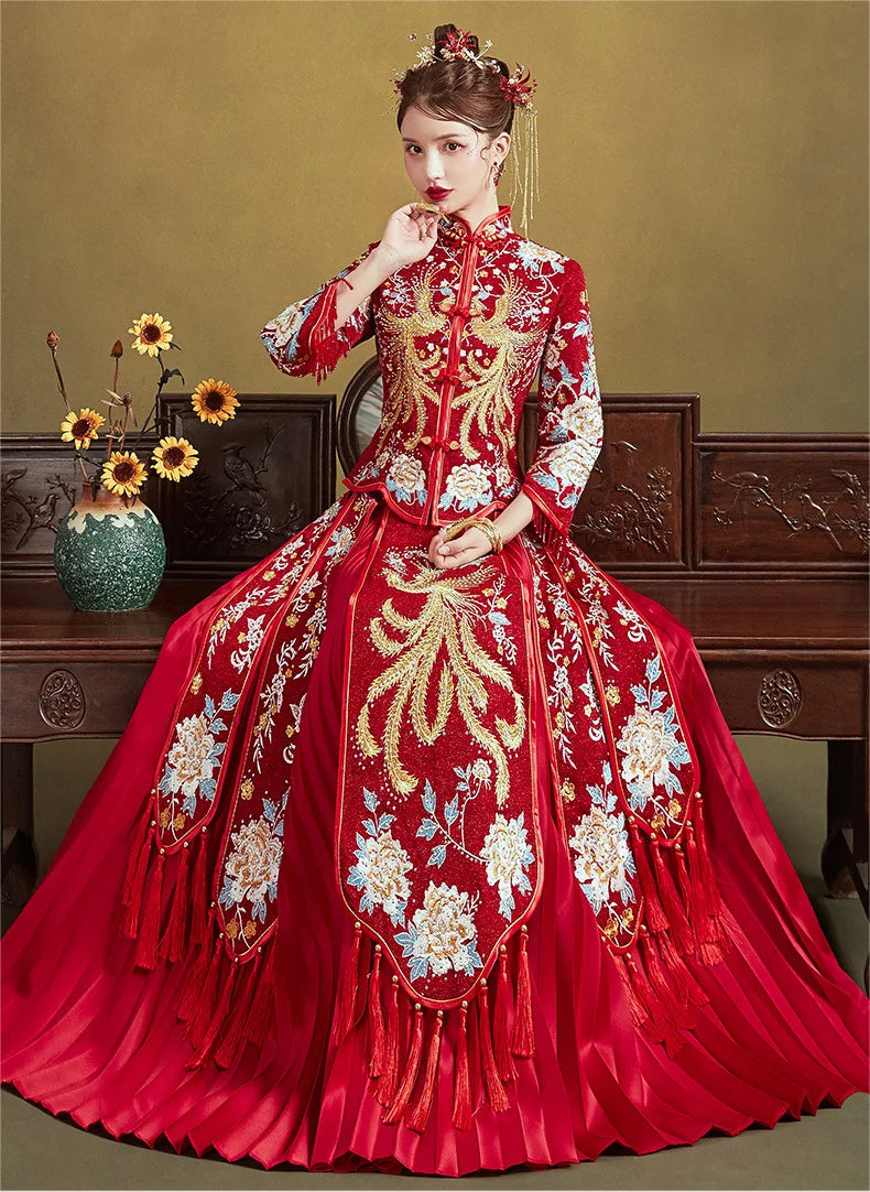 Chinese Traditional Wedding Suit Men Women Long Cheongsam Dress Stylish Elegant Bride Dragon Phoenix Vintage  китайская одежда