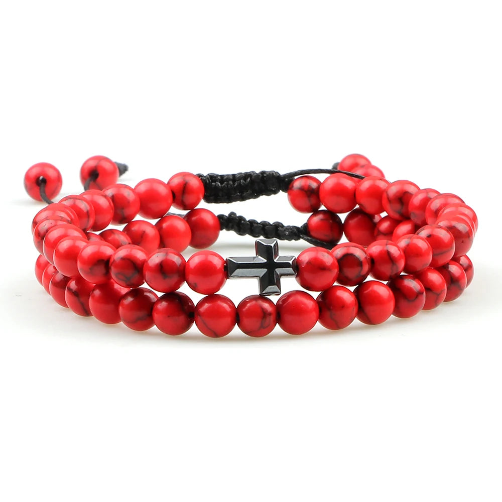 Couples Distance Beads Bracelet Fashion Hematite Cross Tiger Eye Stone Bracelets Handmade Yoga Prayer Jewelry Homme Bileklik