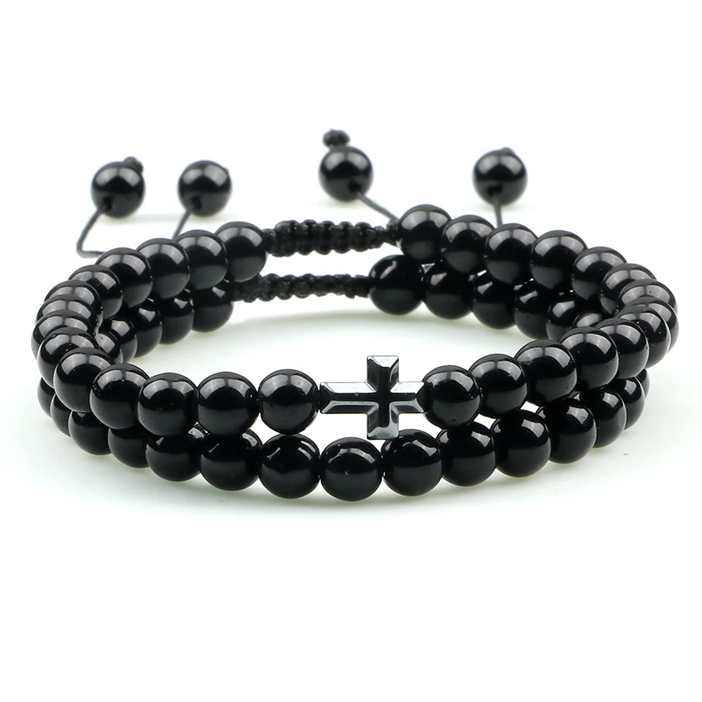 Couples Distance Beads Bracelet Fashion Hematite Cross Tiger Eye Stone Bracelets Handmade Yoga Prayer Jewelry Homme Bileklik