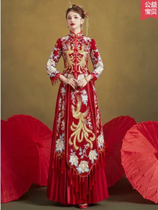 Chinese Traditional Wedding Suit Men Women Long Cheongsam Dress Stylish Elegant Bride Dragon Phoenix Vintage  китайская одежда