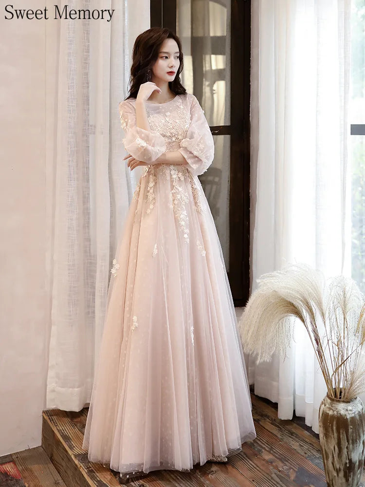 J135 Sweet Memory Long Evening Dresses Women O-Neck Appliques Three Quarter Tulle Formal Gown Graduation Prom Party Dress