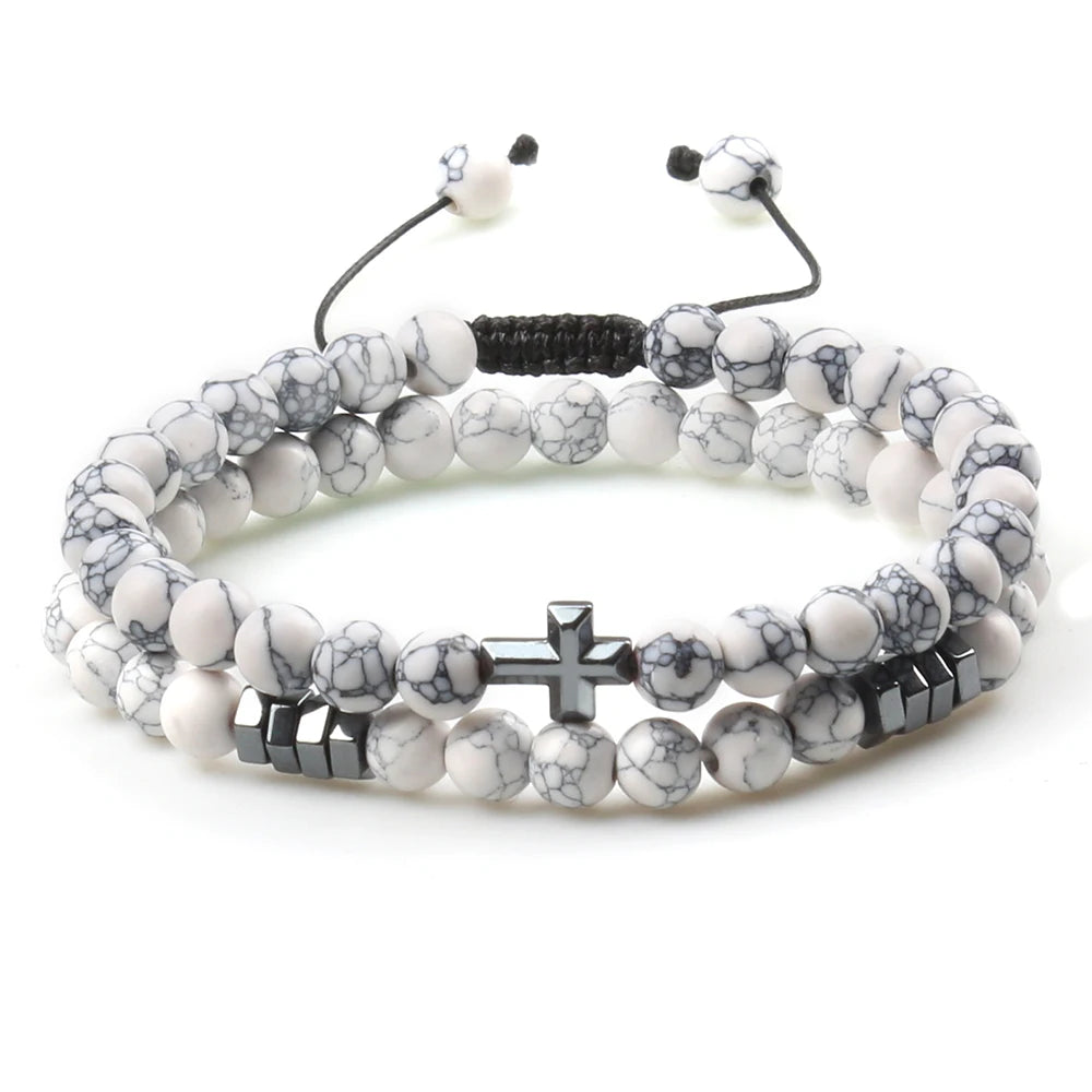 Couples Distance Beads Bracelet Fashion Hematite Cross Tiger Eye Stone Bracelets Handmade Yoga Prayer Jewelry Homme Bileklik