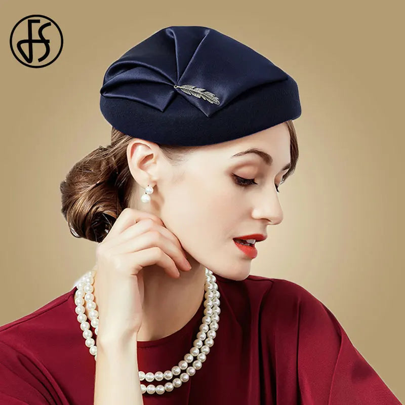 Cherub Elegant Wool Felt Fascinators Hat For Women  Formal Church Tea Party Hats Berets Caps With Leaf