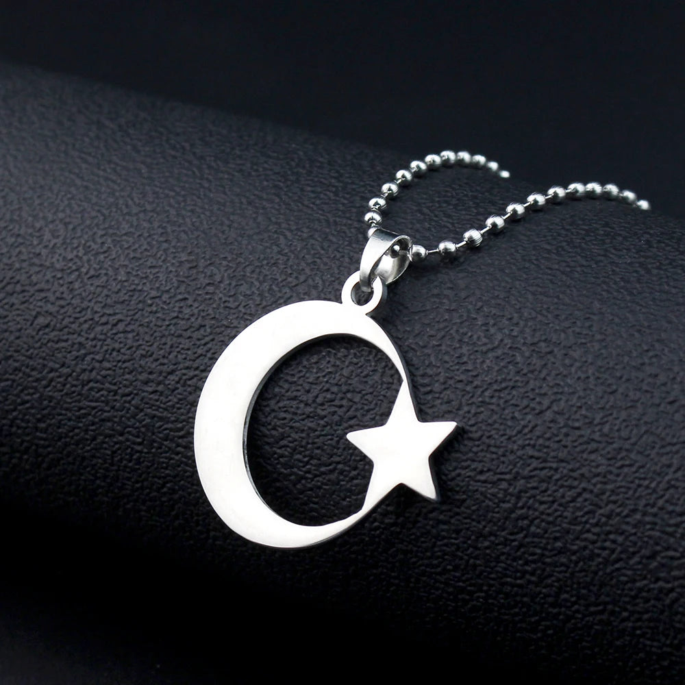 cherub Stainless Steel Crescent Moon and Star Silver Necklace