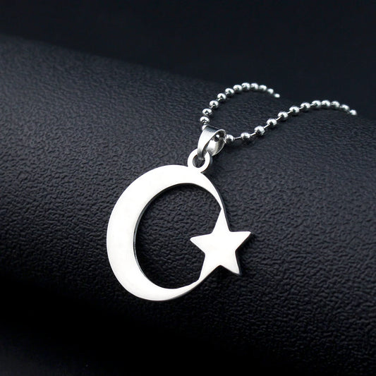 cherub Stainless Steel Crescent Moon and Star Silver Necklace