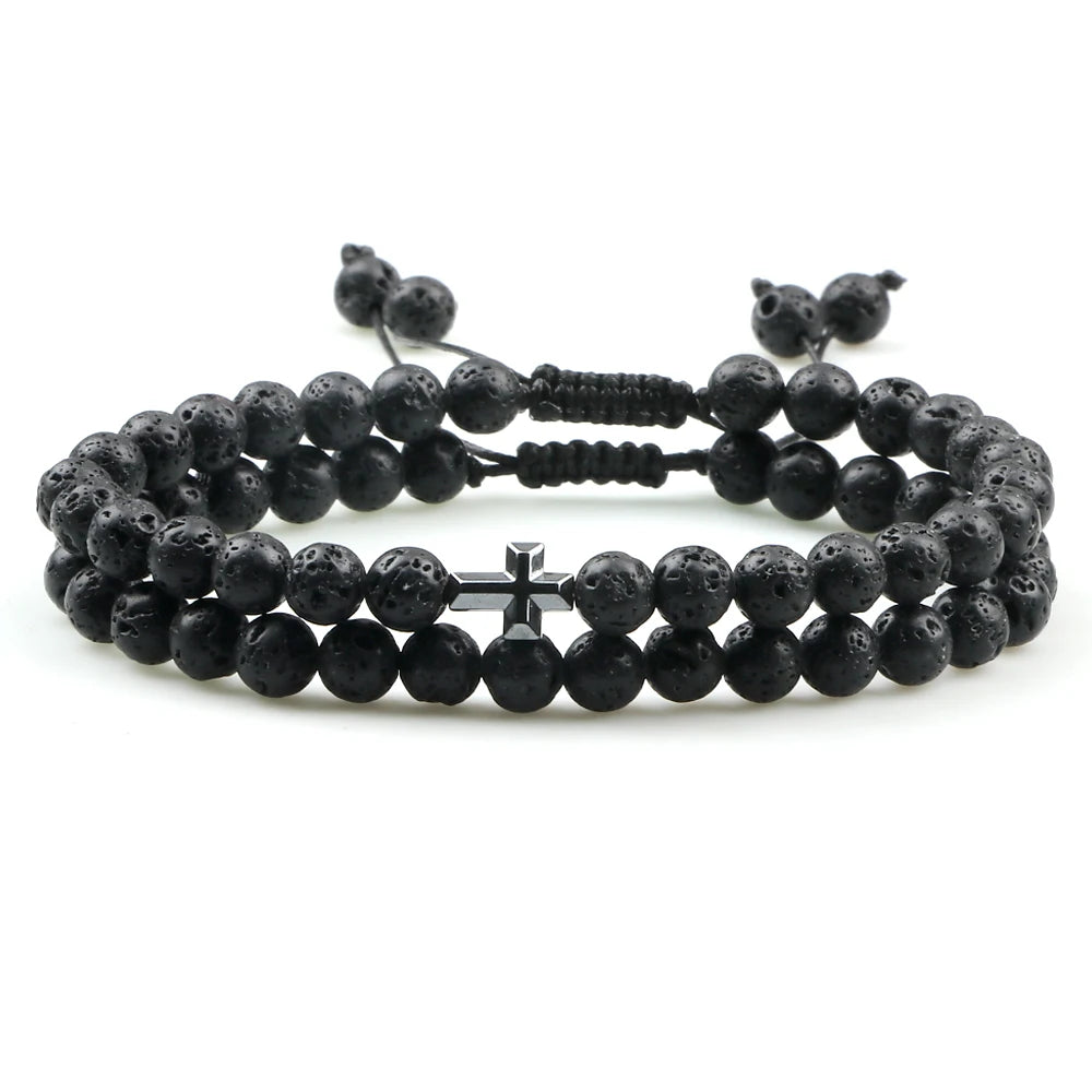 Couples Distance Beads Bracelet Fashion Hematite Cross Tiger Eye Stone Bracelets Handmade Yoga Prayer Jewelry Homme Bileklik