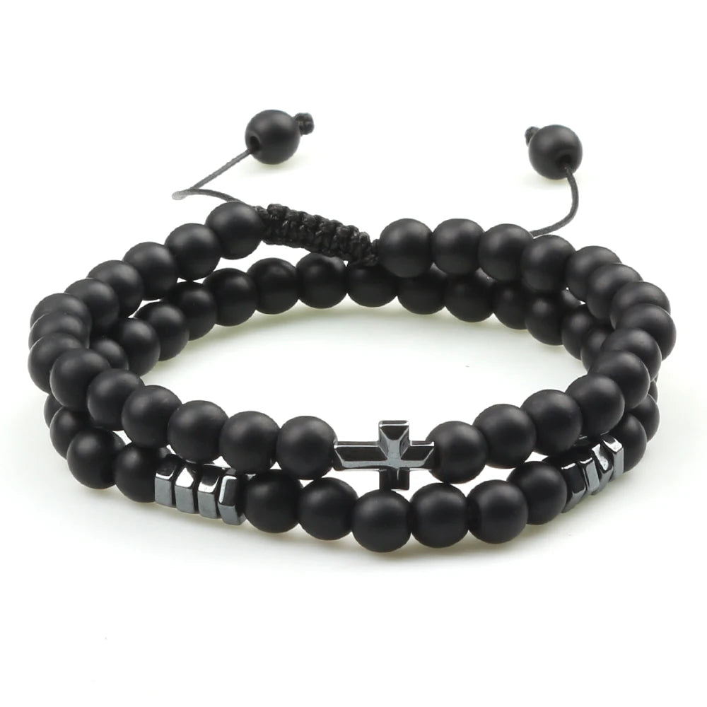 Couples Distance Beads Bracelet Fashion Hematite Cross Tiger Eye Stone Bracelets Handmade Yoga Prayer Jewelry Homme Bileklik