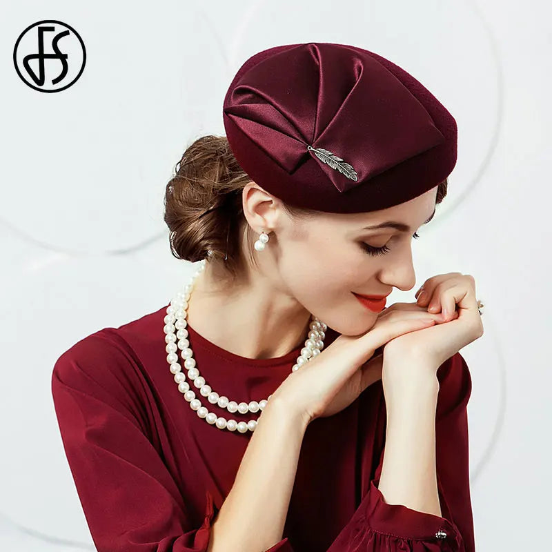 Cherub Elegant Wool Felt Fascinators Hat For Women  Formal Church Tea Party Hats Berets Caps With Leaf