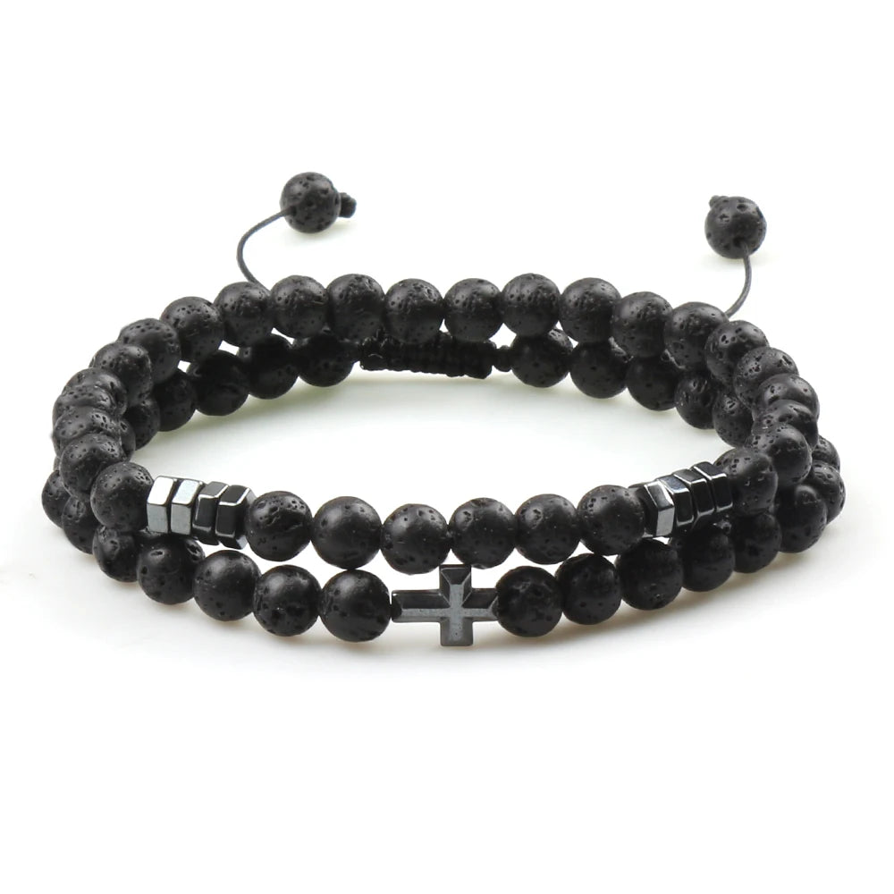 Couples Distance Beads Bracelet Fashion Hematite Cross Tiger Eye Stone Bracelets Handmade Yoga Prayer Jewelry Homme Bileklik