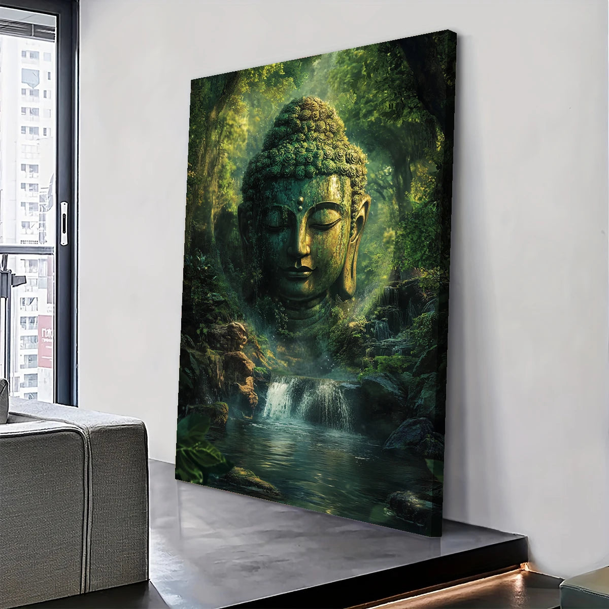 Mysterious Buddha Statue Canvas Full Edge Mural in Buddhist Style, 1.5 Inches Thick Indoor Living Room Home Decoration
